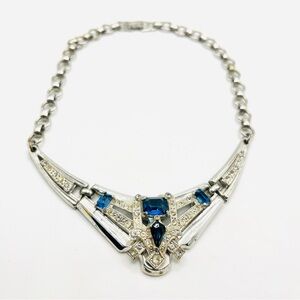 1940s McClelland Barclay Statement necklace with blue and clear rhinestones 14”